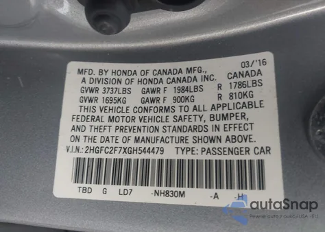 2016 Honda Civic Ex from USA, damaged, VIN 2HGFC2F7XGH544479